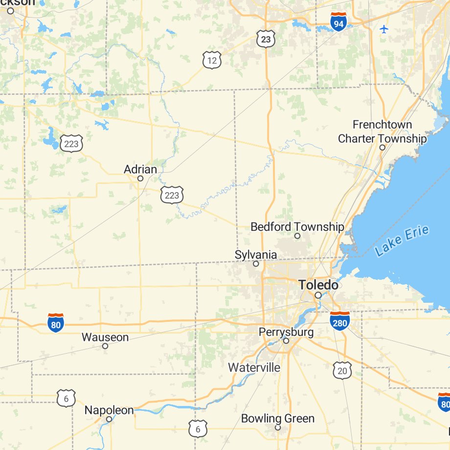 Map of Lenawee County and the Toledo area showing Adrian, Sylvania, Toledo, Perrysburg, and Lake Erie.